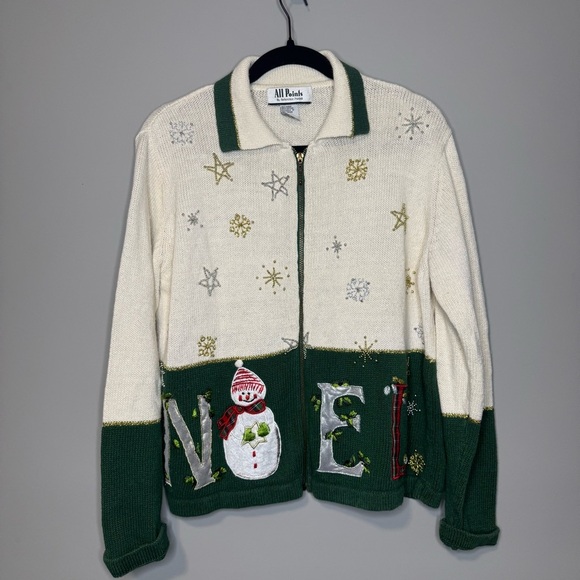 All Points Sweaters - All Points Christmas Snowman Noel Zip Up Cardigan Sweater Green Cream Large